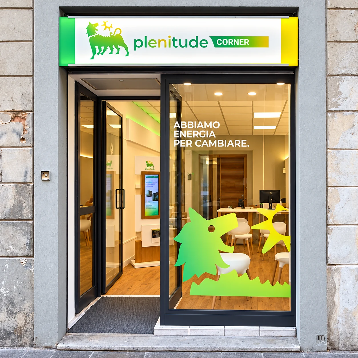 Vetrina e ingresso del Plenitude Corner GreenTech di Firenze
